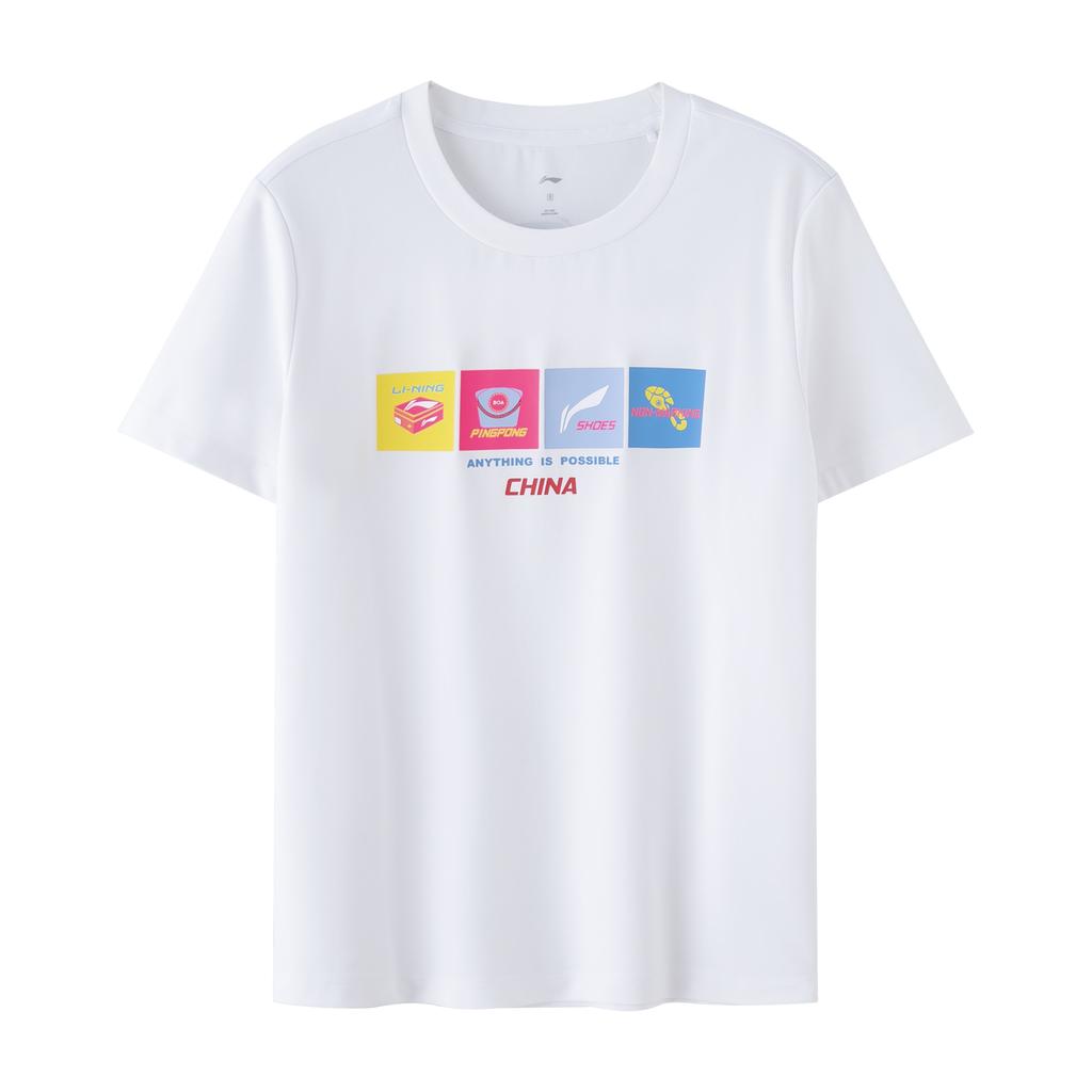 Li-Ning Футболка унисекс с круглым вырезом и графическим принтом серии Ping Pong, белая ATST031-2