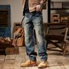 Men's Spring Washed and Aged Wide-leg Work Pants Mid-waist Straight Casual Jeans