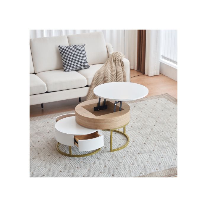 Table d'ensemble dorée, combinaison de tables basses relevables, table d'appoint avec deux tiroirs. Ensemble de 2 pièces