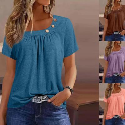 Летние топы для женщин, повседневные футболки с асимметричным вырезом и коротким рукавом, удобные однотонные блузки с пуговицами и рюшами