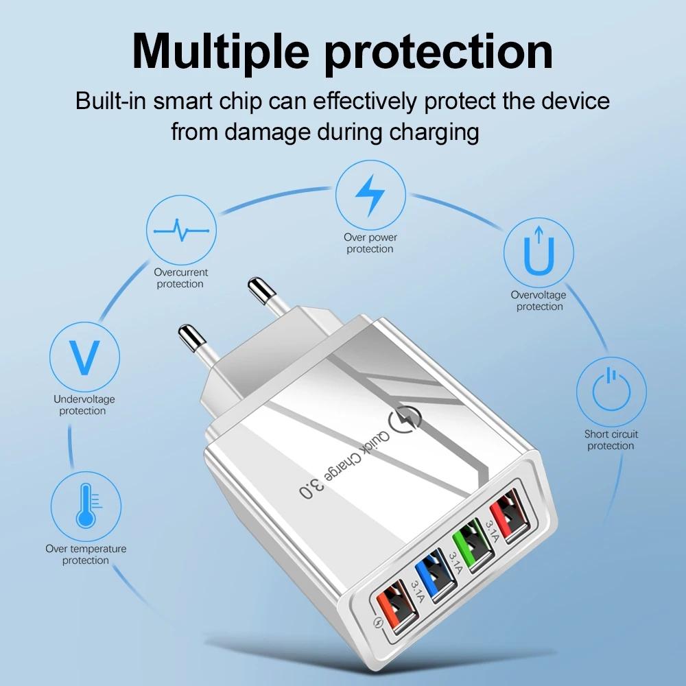 Зарядное устройство USB 3A Многопортовое 4 USB Quick Charge 3.0 Для адаптера телефона Планшет Портативное настенное зарядное устройство Вилка EU US