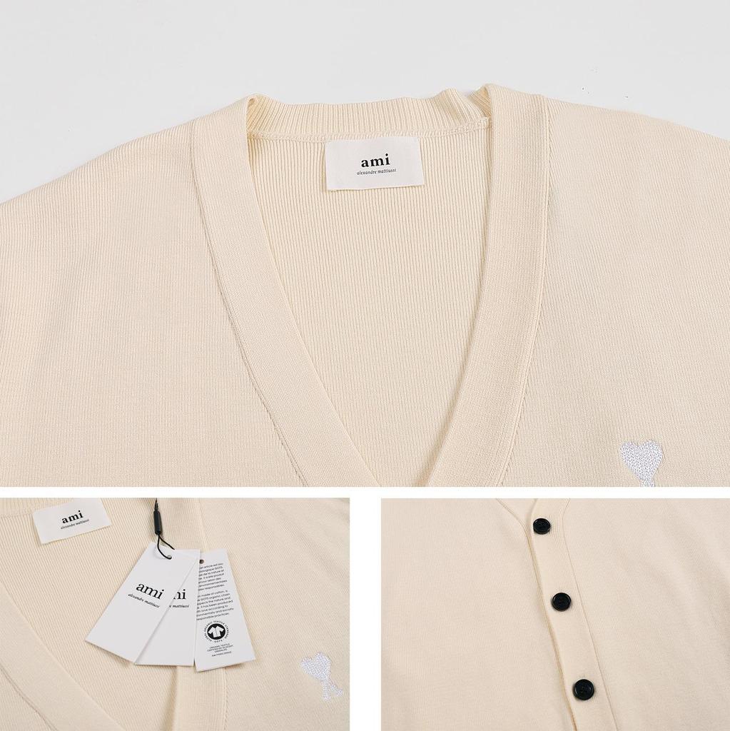 AMI Осень и Зима Мужской Новый Маленькое Белое Сердце Альпака Шерсть Смешанный Мягкий и Липкий Вязаный Кардиган Круглый Вырез Облако Свитер Карман Пальто