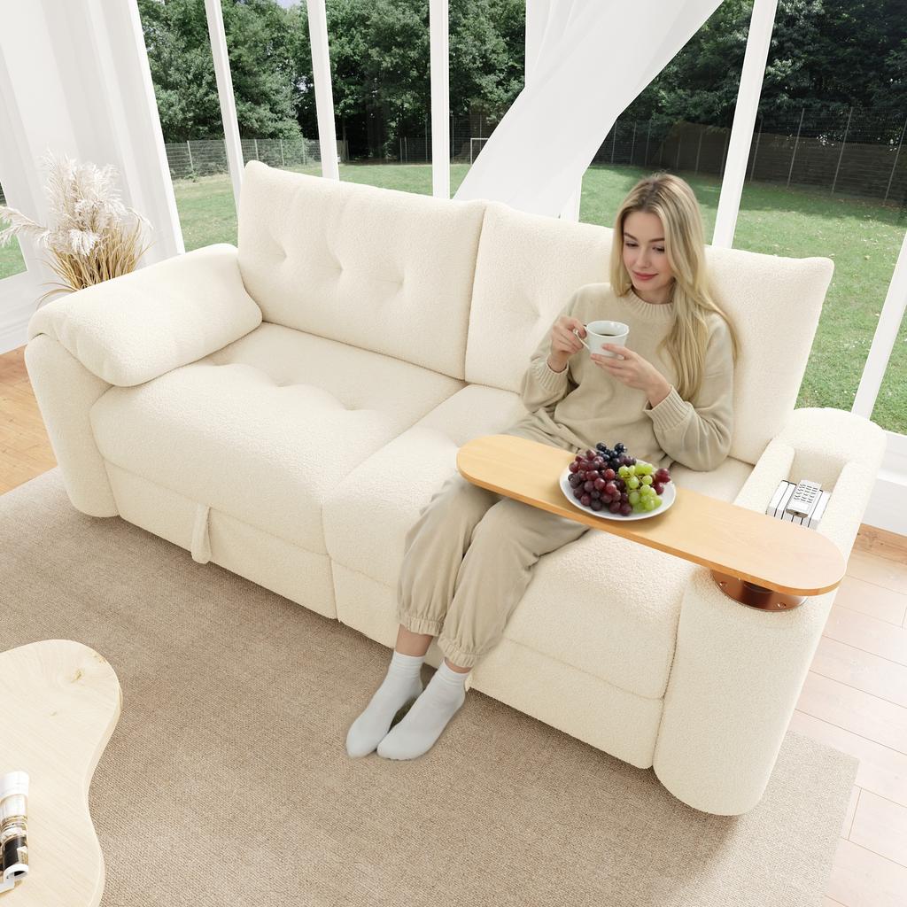 Teddy Plush 3-Seater Modular with Storage, Headrest, Integrated Side Table - Space-Saving Sofa Bed for Apartment, Living Room, Guest Room, Beige
