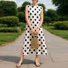 Women Korean Fashion Mid-Calf Length Slit Round Neck Sleeveless Polka Dot Dress