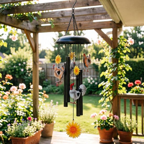 Chicken Wind Chime for Outside Rustic Metal Rooster Sunflower Wind Chime for Garden Patio Porch Lawn Yard Decor Gifts for Women Men Mother