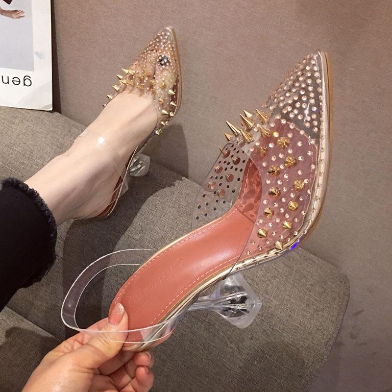 New Gold Silver PVC Transparent Rivet Diamond Pumps Sandals Perspex Heel Pointed Toe Crystal Silver Wedding Pumps Uik98