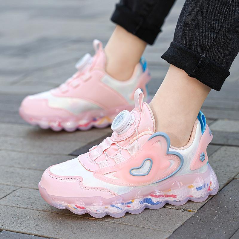Children's leathery middle-aged and older children's 2025 casual sports shoes Girls' rotating buckle running shoes