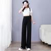 Women Ice Silk Pants Elastic High Waist Adjustable Drawstring Straight Wide Leg Pants Solid Color Long Trousers Daily Wear