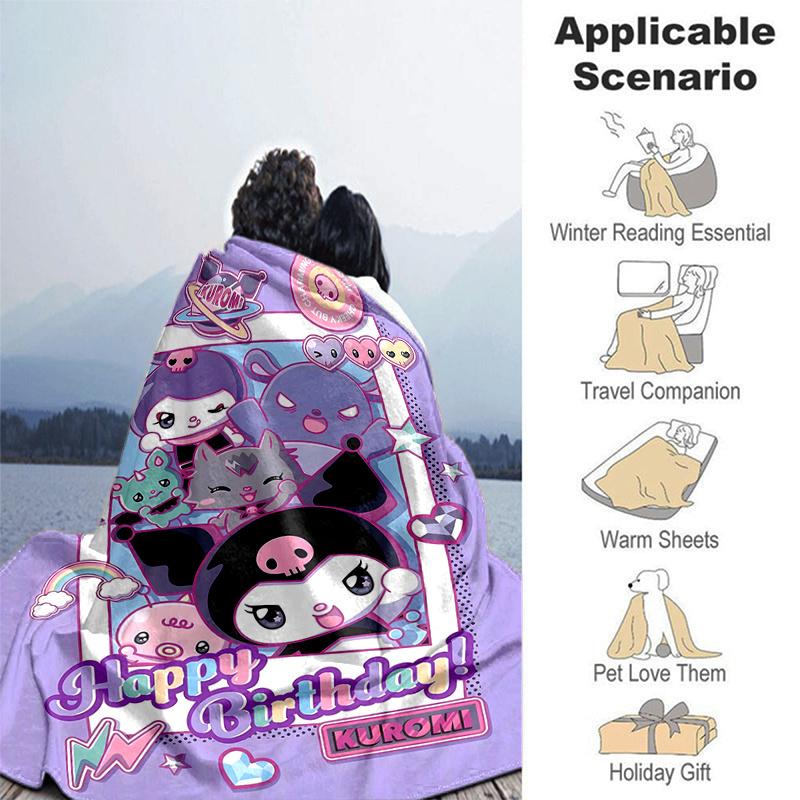 1pc Happy Birthday Kuromi Blanket, Soft Throw Blanket, Perfect for Couch or Travel Use, Living Room, Travel, Camping, Car Blankets, Beach, Office Naps