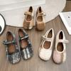 Женская обувь 2024 года, зимняя плоская подошва, французский ретро, круглый носок, плюшевые туфли Мэри Джейн, новые удобные хлопковые туфли с пряжкой