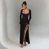 Europe and America Cross Border Women's Clothing New Fashionable, Elegant and Sexy Silm Lace Long Sleeves Patchwork Dress Slit Dress