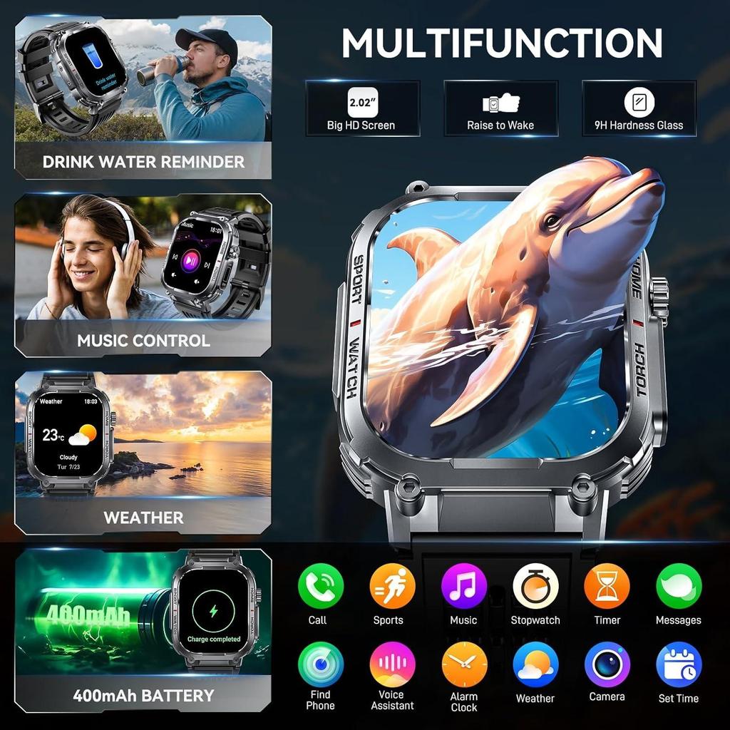 SACOSDING Compass Smart Watch Men 3ATM Waterproof 2.02" With Compass LED Flashlight Outdoor Sports Fitness Tracking Heart RateSmartwatch