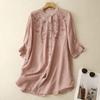 Floral Embroidery Long Shirts Women O Neck Casual Cotton Linen Shirt Loose Summer Blouses Sum Protection Tops