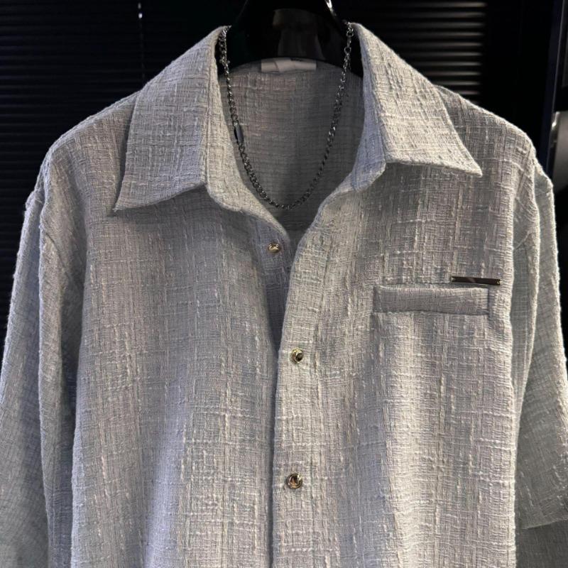 Men's Two Tone Textured Lapel Long Sleeve Button Down Shirt Casual Streetwear Top
