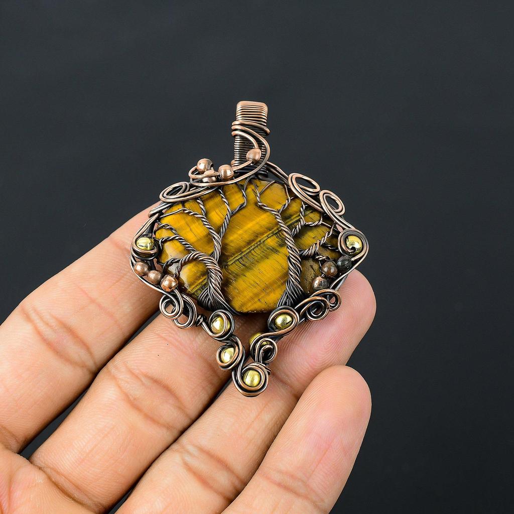 Древо жизни Тигровый глаз Драгоценный камень Чистая медная проволока Обернутая подвеска ручной работы Ювелирные изделия