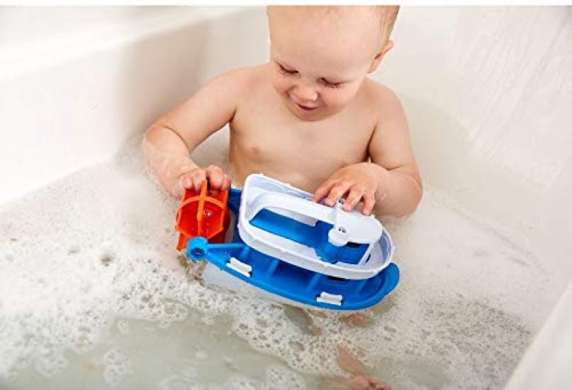 Green Toys Paddle Boat BlueGray - Pretend Play, Motor Skills, Kids Bath Toy, Floating Pouring Vehicle, BPA-Free, Phthalate-Free PVC, Dishwasher Safe,