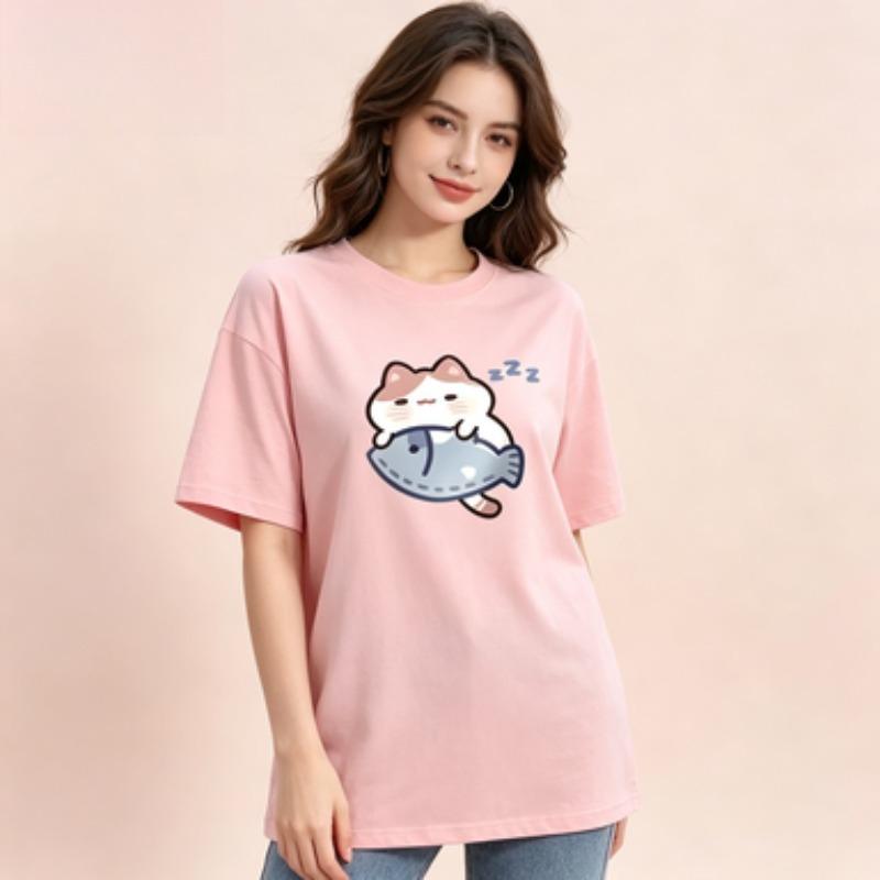 100 Cotton Round Neck Unisex T Shirt Cute Cartoon Sleeping Cat Hug Fish Zzz Graphic Short Sleeve Casual Basic Tee Multi Shades