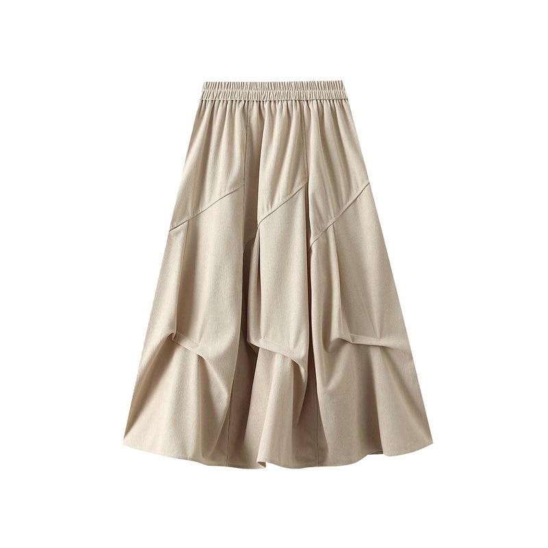 Women's Pleated Midi Skirts Business Work A Line Office Skirt Solid Color Elastic High Waisted Classic Mid Length Fall Long Formal Skirts for Women