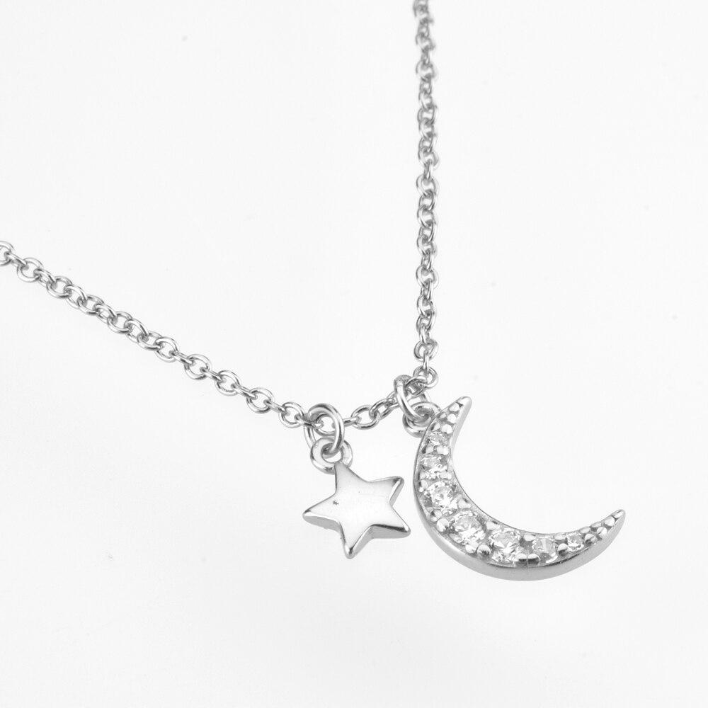 925 Sterling Silver Gold Zircon CZ Moon Star Pendant Charm Long Chain Necklace Women Wedding Jewelry Crystal Luxury