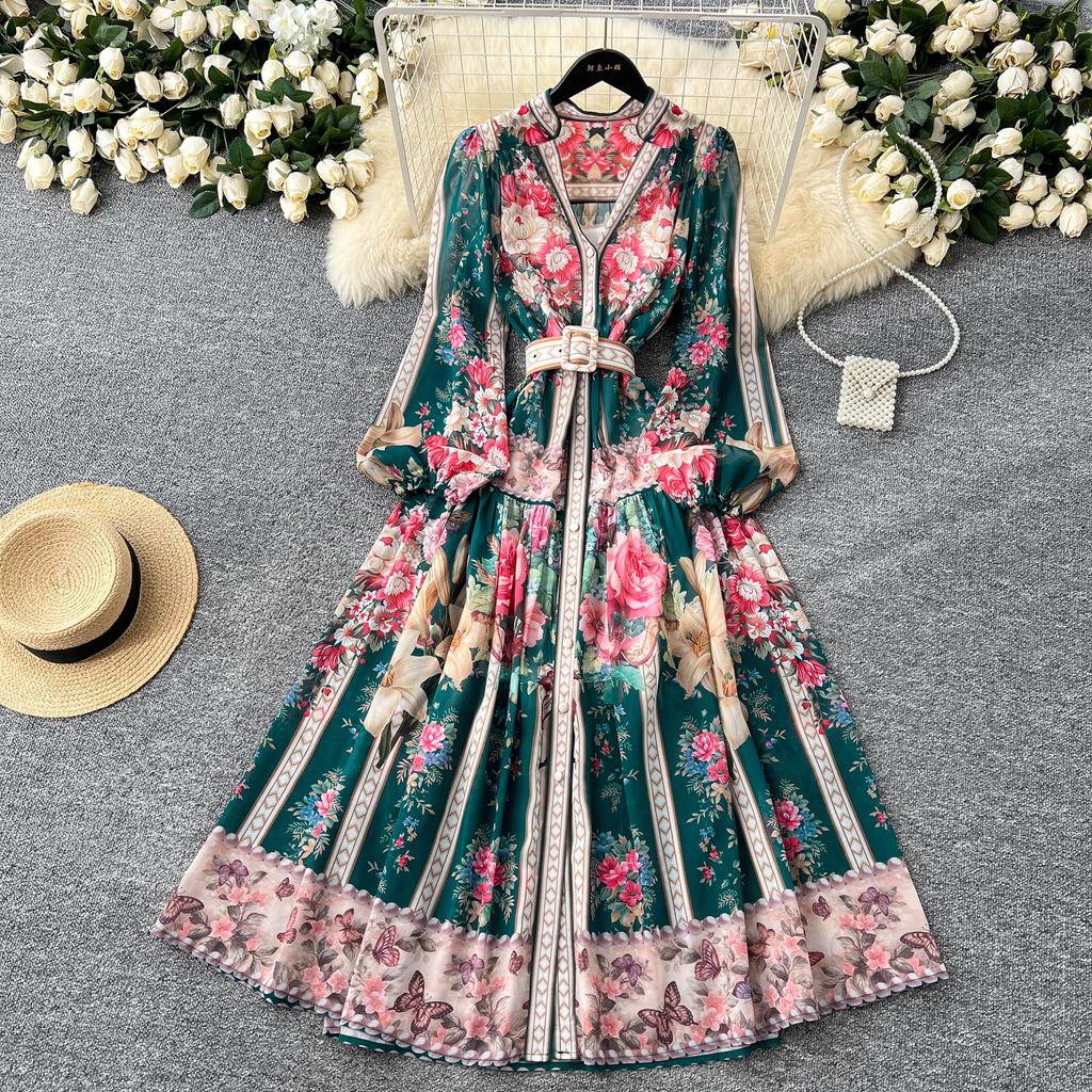 Spring Summer Women V-neck Vintage Print Chiffon Runway Dress Single Breasted Long Maxi Loose Holiday Beach Dresses with Belt