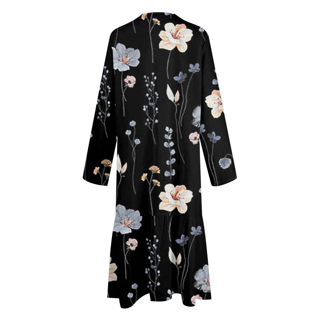 Женское повседневное однобортное платье с цветочным принтом, V-образным вырезом, длинными рукавами и карманами