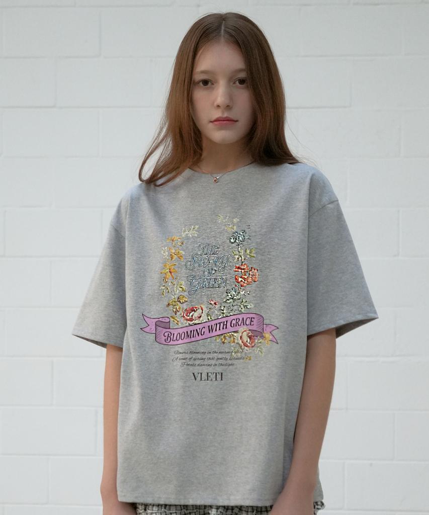VLETI Oversized Floral Digital Print Short Sleeve Tee (Gray)