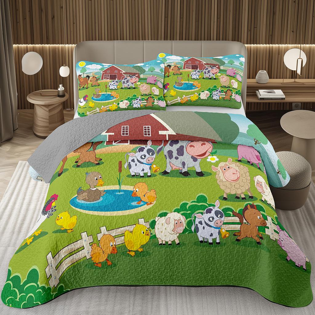 Funny Cartoon Animal Bedspread Queen/Full Kawaii Elephant Panda Coverlet Reversible Grey Quilted Bedding Set For Kids Teen Room