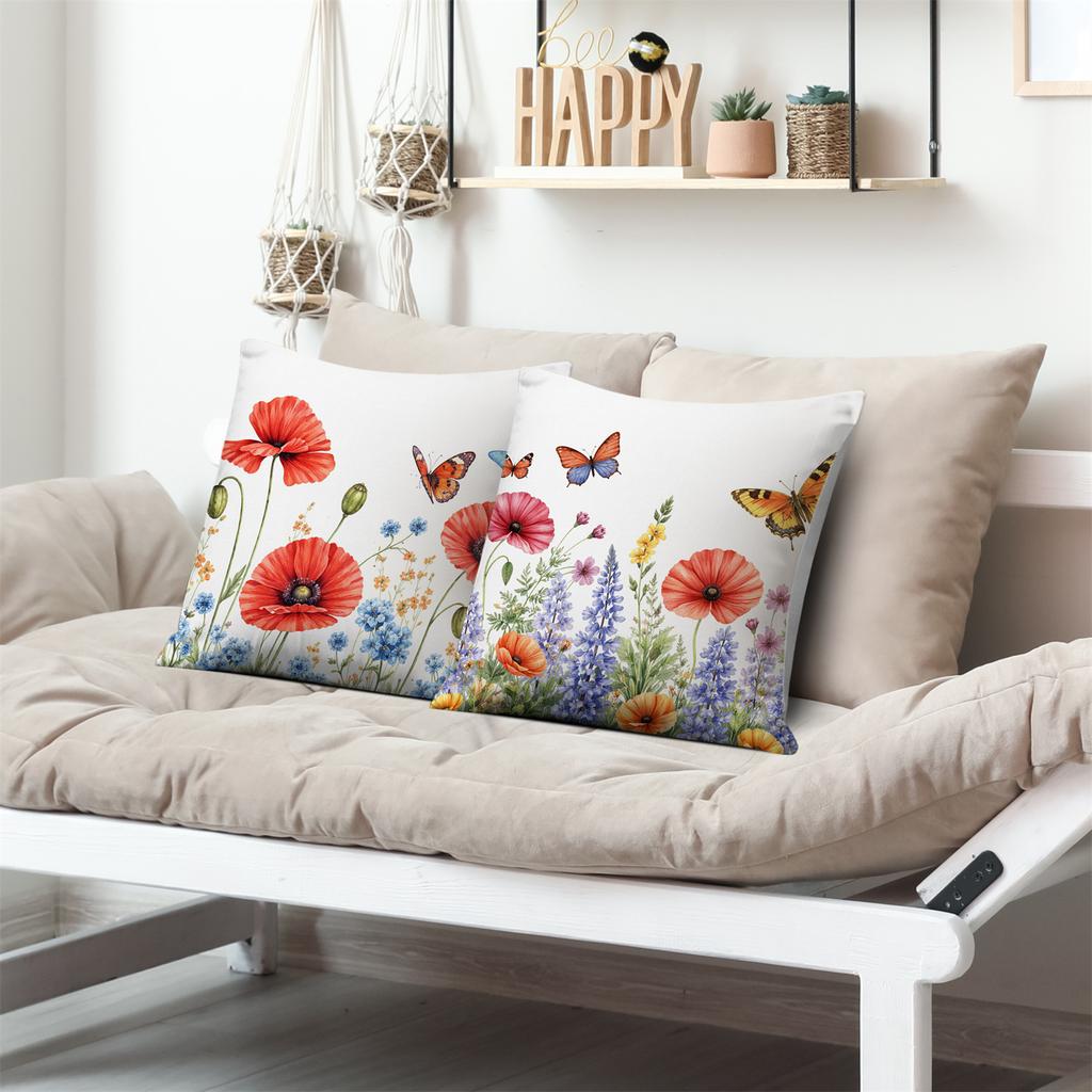 Poppy Flower Butterfly Garden Flowers Printing Pillow Cover Short Plush Suitable Living Rooms Bedrooms Sofas Throw Cushion Cover
