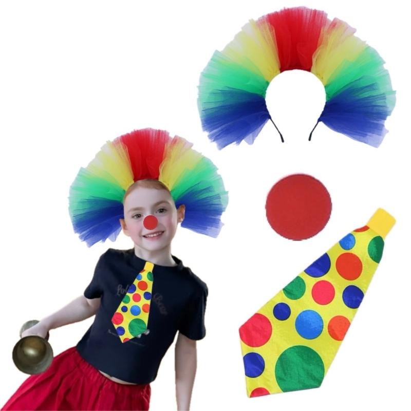 3 шт. Костюм клоуна для взрослых и детей, Клоунский нос, Красочный парик, Гигантский галстук-бабочка, Костюмы для косплея на Хэллоуин для женщин и мужчин, Подарки