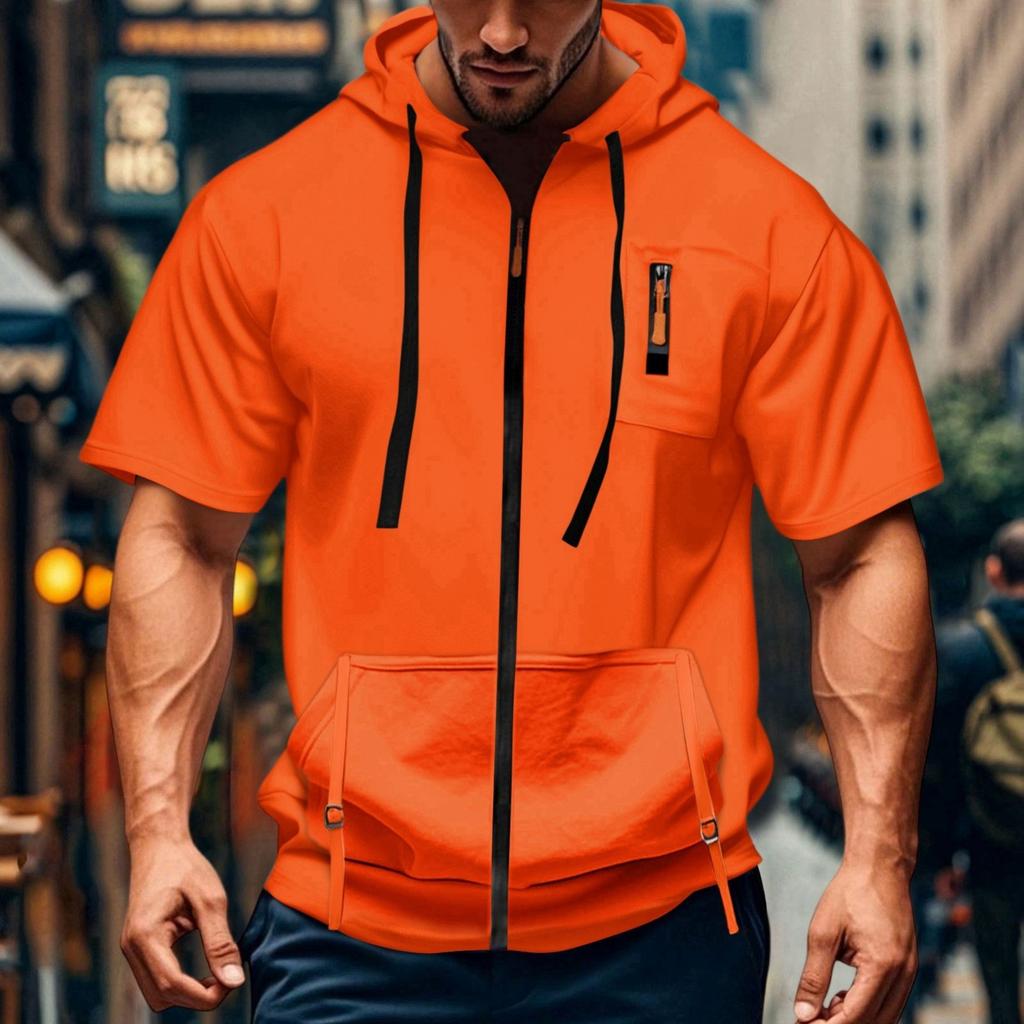 Men's Casual Short-sleeved Sweatshirt. Loose And Breathable Solid-color Sweatshirt Jacket With Multiple Pockets And A Zipper.