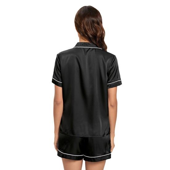 2 Pcs/Set Women Shirt Shorts Suit V Neck Lapel Short Sleeves Satin Solid Color Top Elastic Waist Short Trousers Homewear Loungewear OutfitLoungewear