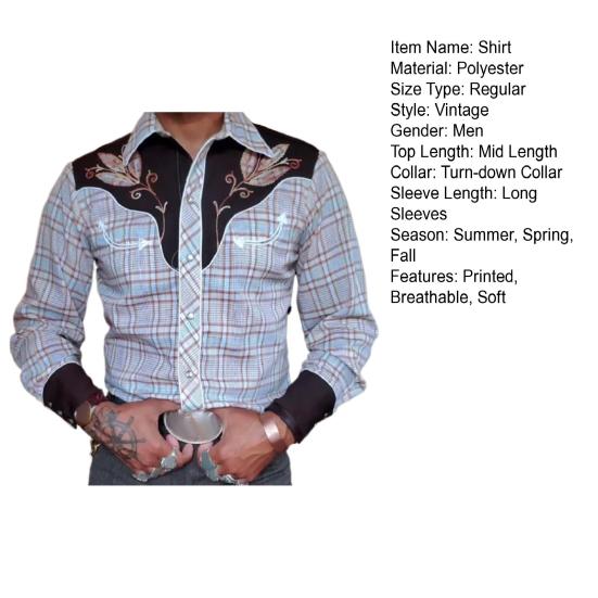 Men Spring Shirt Vintage Western Cowboy Print Single-breasted Slim Fit Long Sleeve Turn-down Collar Buttons Streetwear Casual Business Shirt