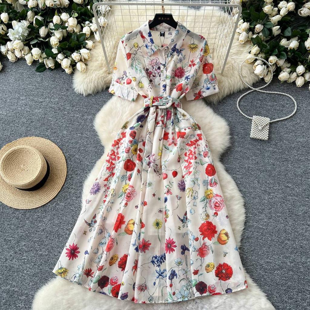 Винтажное платье с принтом, женское платье-рубашка трапециевидной формы с короткими рукавами и лацканами, женские элегантные летние длинные халаты трапециевидной формы, Vestidos