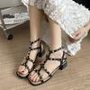 Summer New Coarse Heel Shoes Women's Square Head Open-toe Hollow-holed Rivet Anti-slip Wear-resistant High Heels