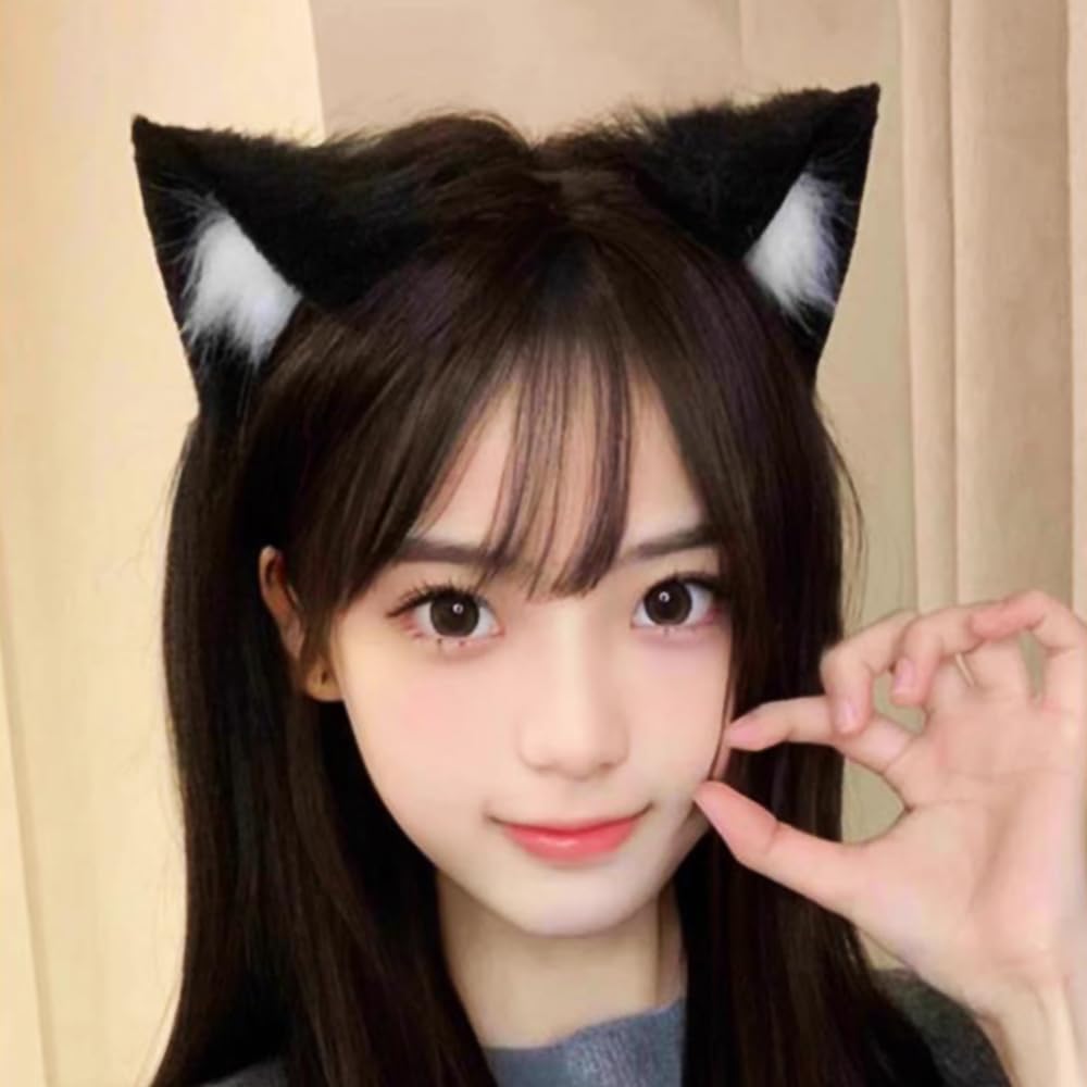 Кошачьи ушки Уши для кошек животных Пушистые ушки Повязка для волос Аксессуары для костюмов Кошачий костюм Аксессуары для волос Товары для мероприятий Школьный фестиваль [Solxion] (Чернить &