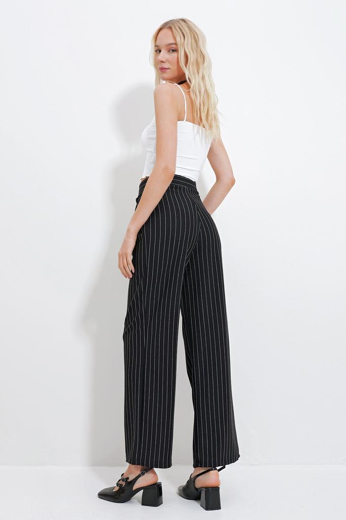 Women's Trousers New Season Fashion Black Striped Double Pocket Palazzo Knitted Trousers