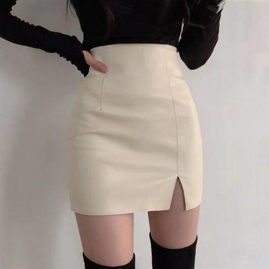 Women's Petite Black PU Leather A-Line Mini Skirt - Autumn/Winter Wrap Hip Style