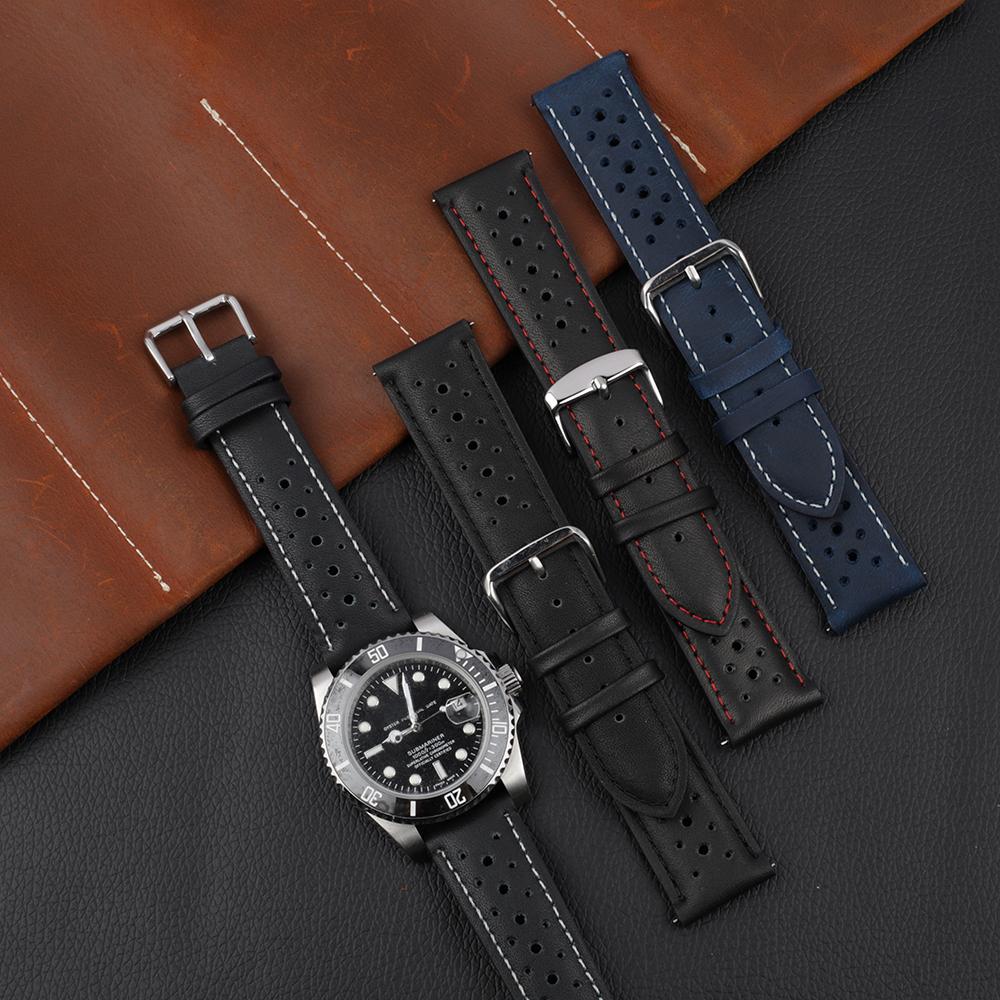 Vintage Racing Leather Watch Strap 18mm 19mm 20mm 22mm 24mm Breathable Porous Watchband Red Black Bracelet Handmade Wristband