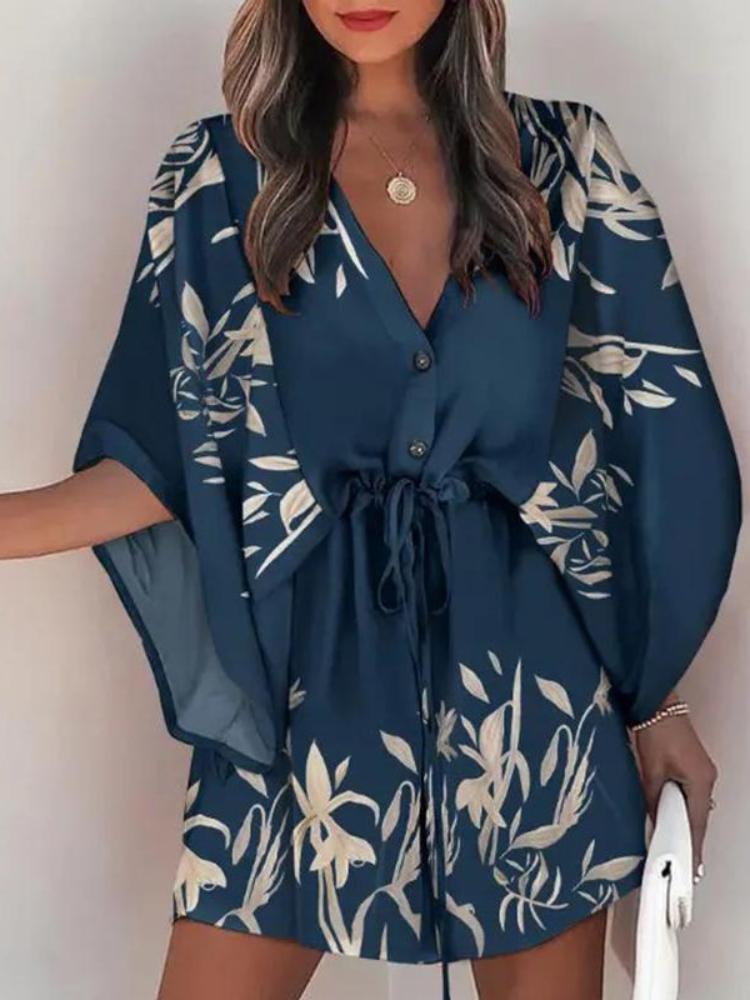 Летнее мини-платье женское с принтом, рукавами «летучая мышь», на шнуровке, с v-образным вырезом, свободные платья на пуговицах, женское пляжное вечернее платье