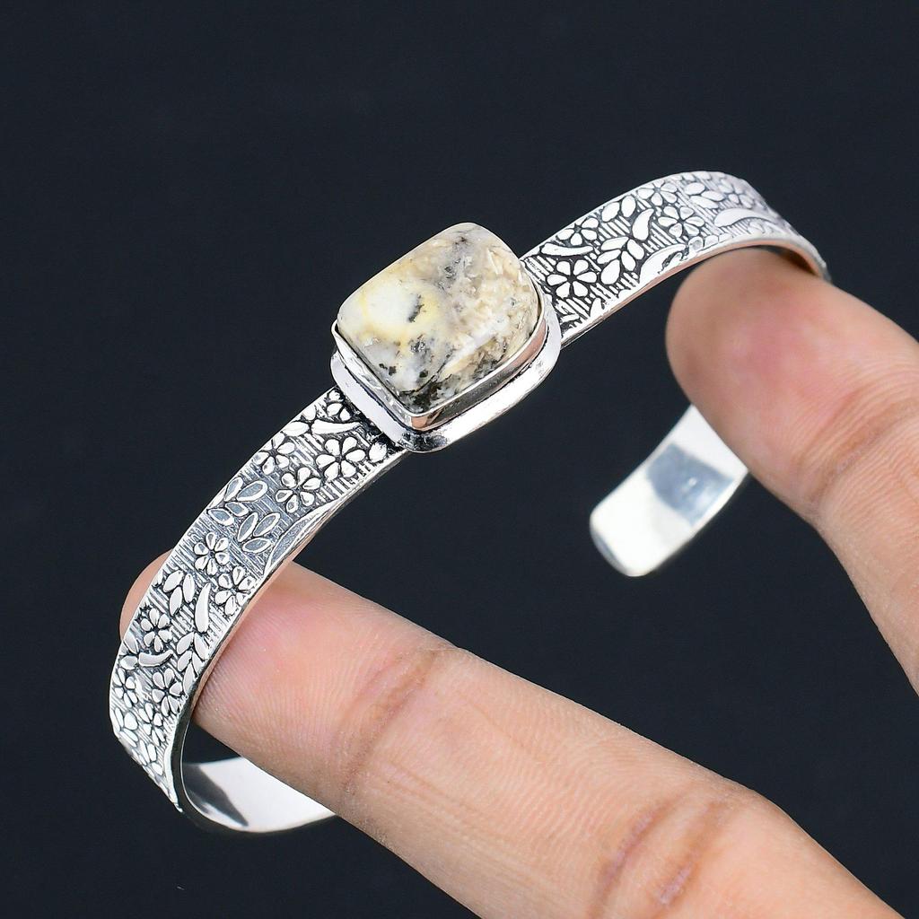Trillion Dendrite Tiger Gemstone 925 Sterling Silver Engagement Bangle Jewelry