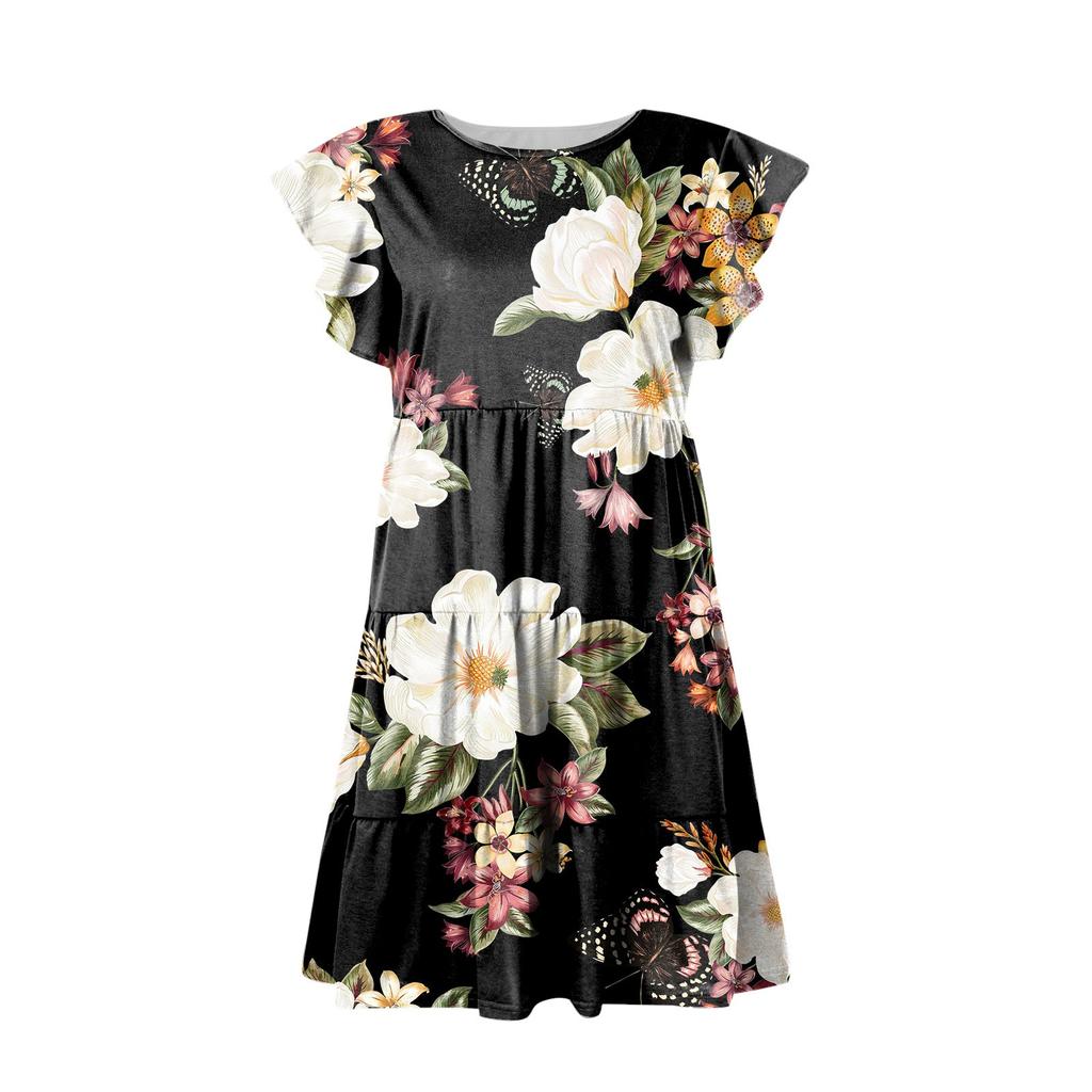 Summer Beach Dress For Women Casual Round Neck Tunic Ruffle Short Sleeve A-Line Tiered Babydoll Dress Flowy  Dress