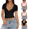 Sexy V-Neck Lace Stitching High-Waisted Short-Sleeved T-Shirt Summer Short Slim Fit Women's Top