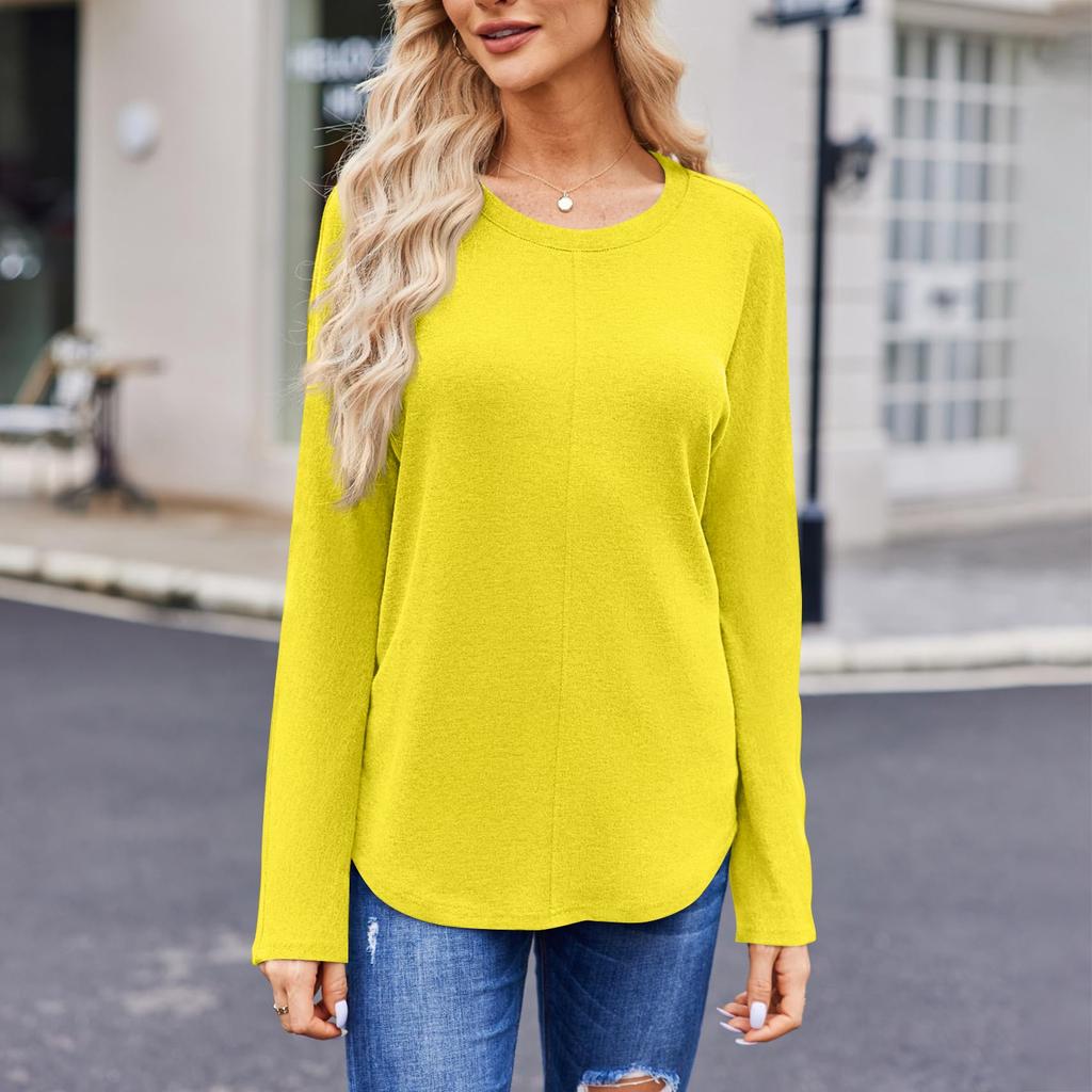 Women's Fashion Solid Color Round Neck Long Sleeve T-shirt Casual Autumn Tops