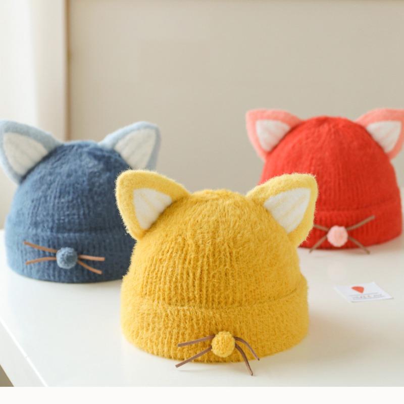 Warm Baby Beanie Kawaii Cartoon Cat Ear Crochet Bonnet for Toddler Boy Girl Cute Fashion Autumn Winter Plush Thicken Warm Hat