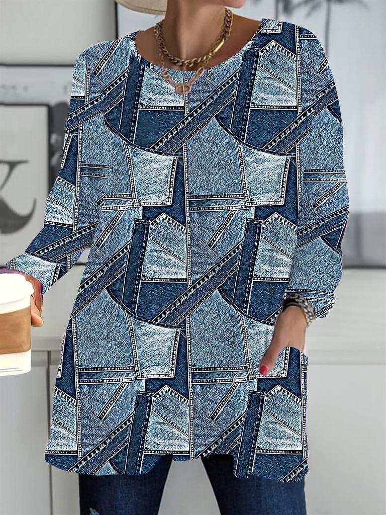 2025 Autumn Winter New Plus Size Women's Tops, Cowboy Pattern 3D Print Fashion Crew Neck Long Sleeve T-Shirts