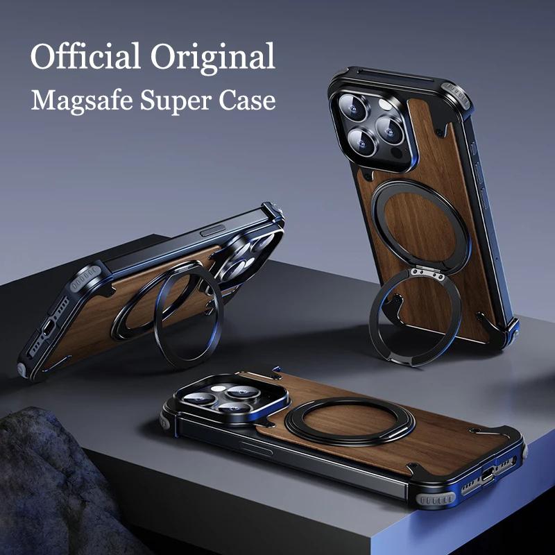 360 ° Rotating Ring Stand Phone Case For iPhone 16 15 14 Pro Max Magsafe Magnetic Stand Walnut Metal Frameless Protective Cover