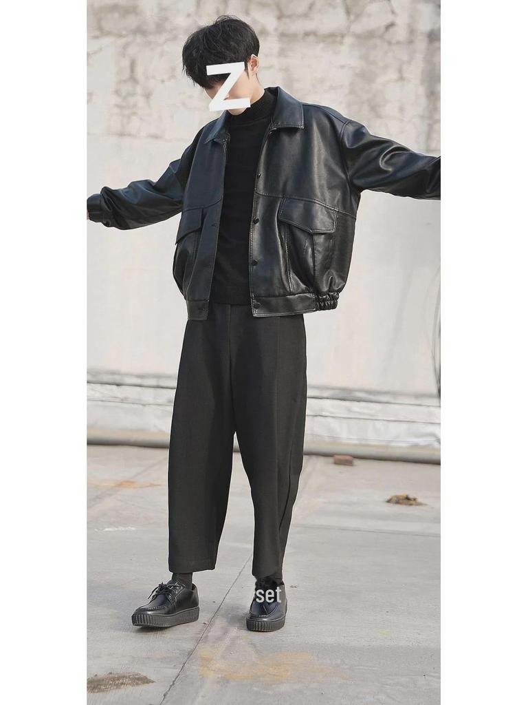 Мужская свободная кожаная мотоциклетная куртка в корейском стиле - пилотный дизайн для весны и осени