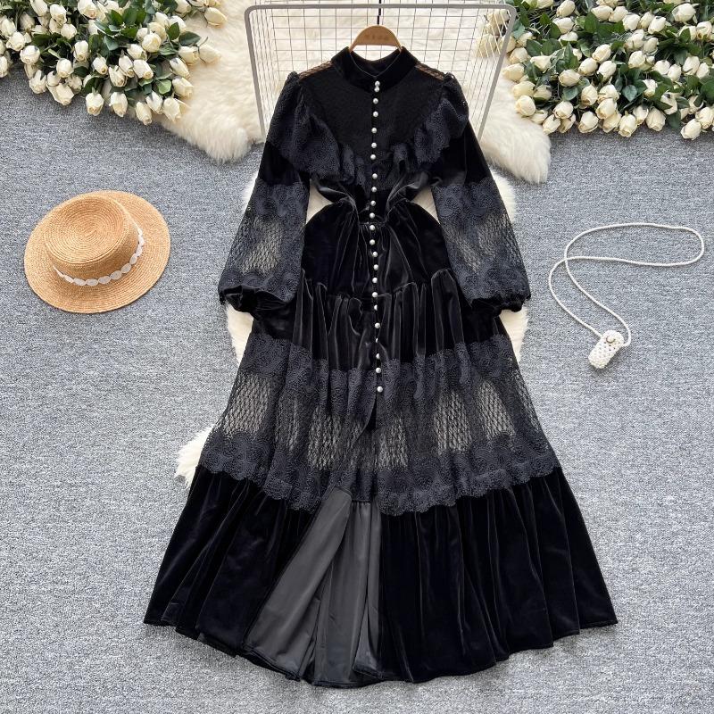 Платья High Street Женские ретро кружевные пэчворк золотые бархатные платья с французской жемчужной пряжкой длиной до талии винтажные шикарные платья