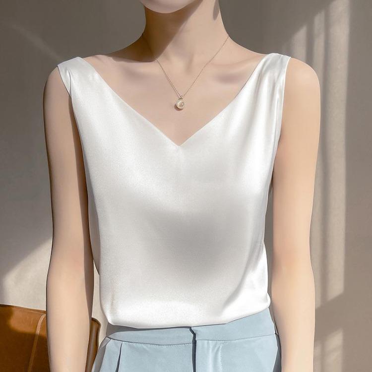 Acetic Acid Satin V Neck Suspender Vest Women Summer Fashionable Versatile Imitation Silk Sleeveless Inner Top New