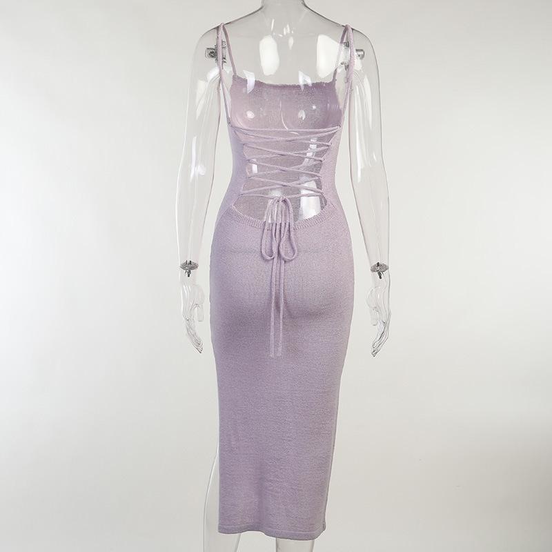 Новое сексуальное европейское и американское весенне-осеннее длинное шерстяное платье с большой открытой спиной, шнуровкой и подвесным ремнем, одна линия шеи, низкий вырез